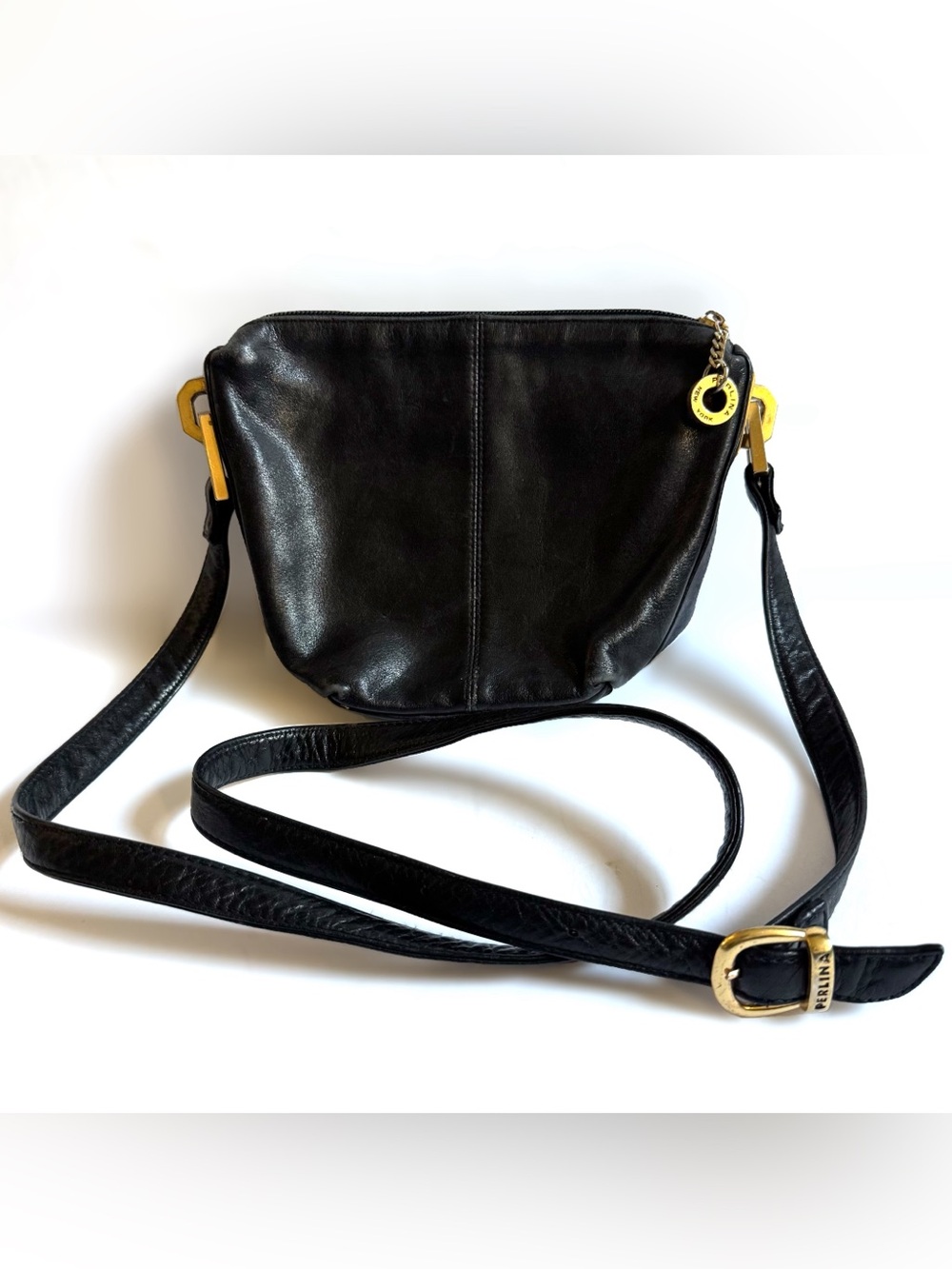 Vtg 90s Perlina New York Soft Black Leather Crossbody Bag Purse Gold Logo Charm